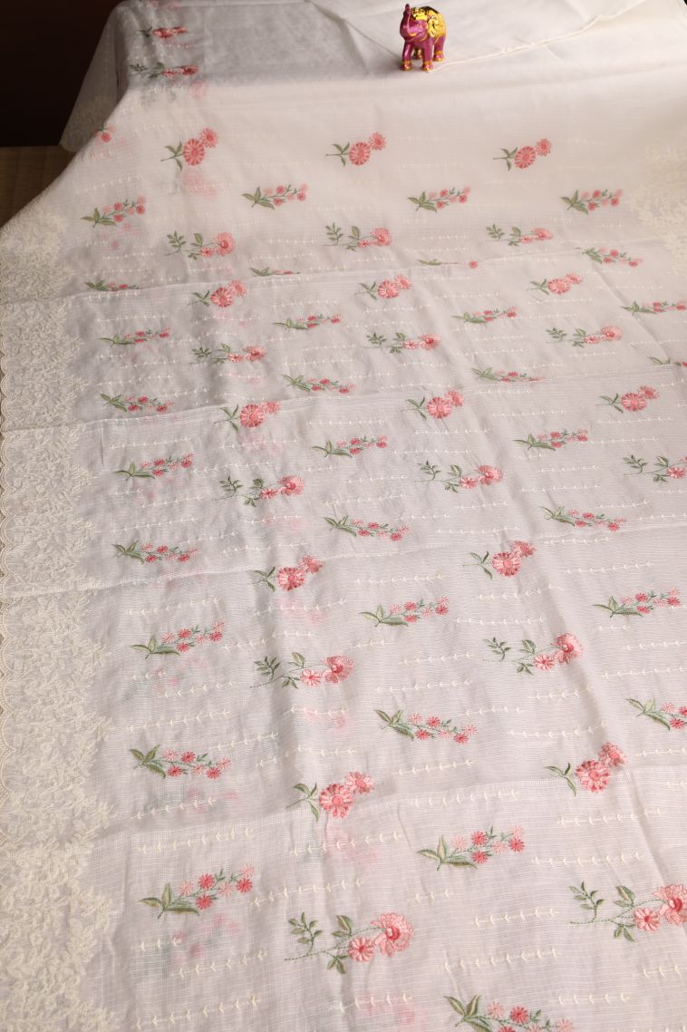 Cream White Manipuri Cotton Sarees with Without Zari Zari Floral Patterns view 2