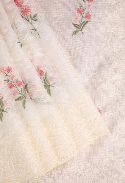 Cream White Manipuri Cotton Sarees with Without Zari Zari Floral Patterns