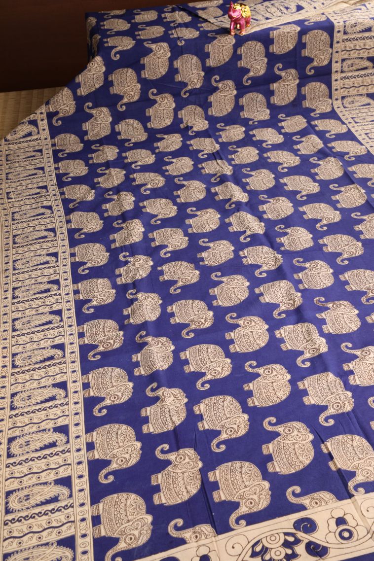 Daffane Blue Kalamkari with Without Zari Zari Eliphant Mottif view 2