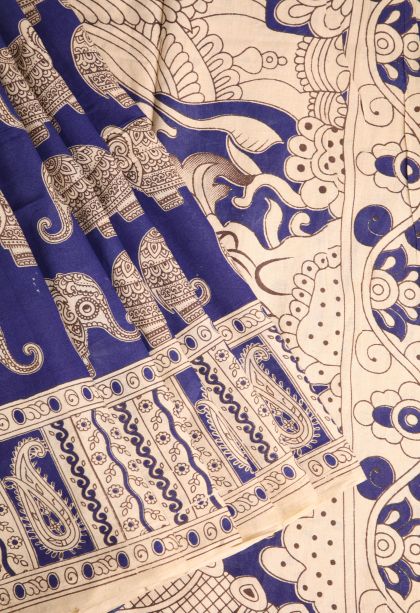 Daffane Blue Kalamkari with Without Zari Zari Eliphant Mottif
