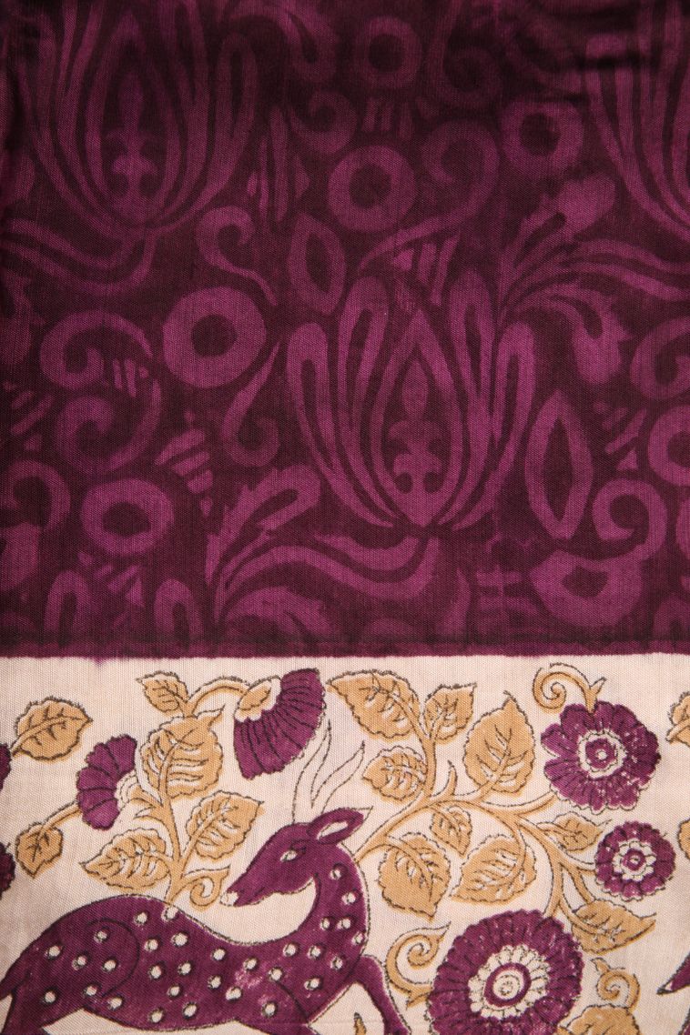 Magenta Purple Semi Raw Silk Printed with Without Zari Zari Animal  Mottif view 3
