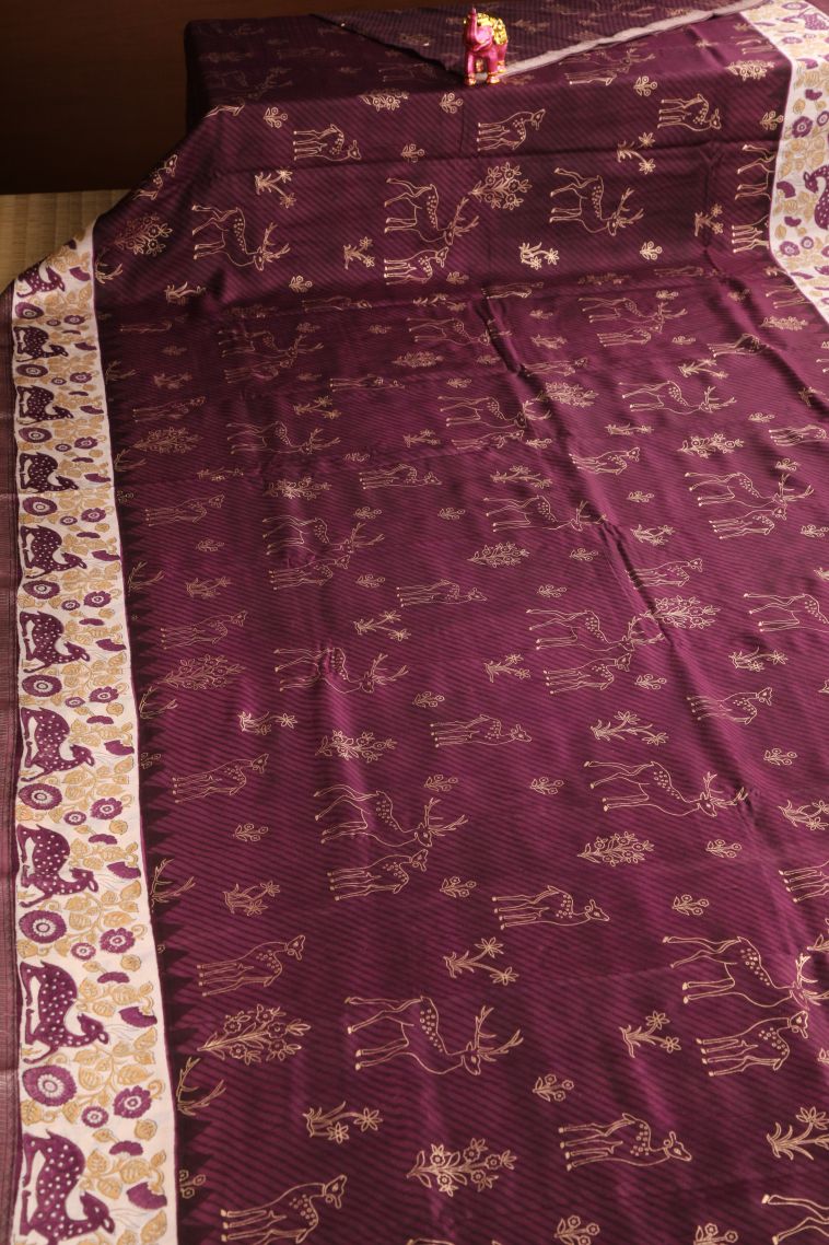 Magenta Purple Semi Raw Silk Printed with Without Zari Zari Animal  Mottif view 2