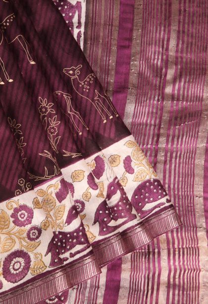 Magenta Purple Semi Raw Silk Printed with Without Zari Zari Animal  Mottif