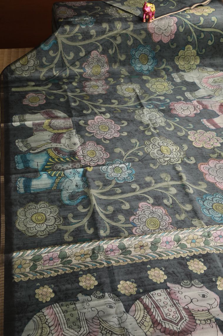 Ebony Black Semi Tussar Silk with Gold Zari Floral Patterns view 2