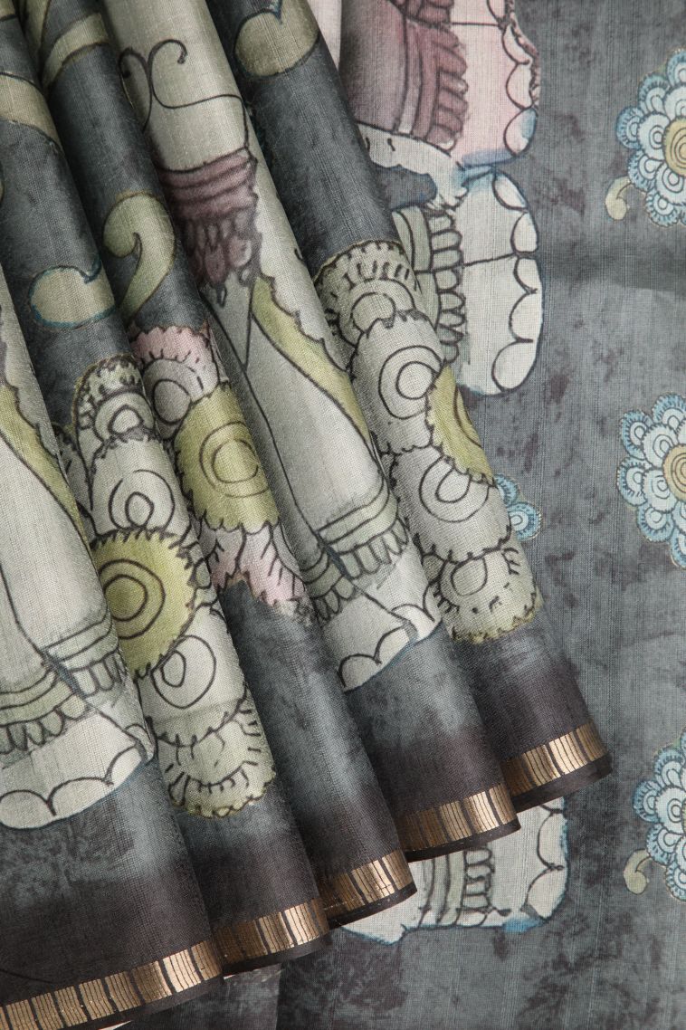 Ebony Black Semi Tussar Silk with Gold Zari Floral Patterns view 1