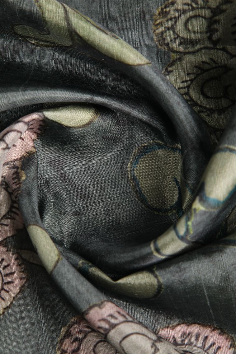 Ebony Black Semi Tussar Silk with Gold Zari Floral Patterns view 4