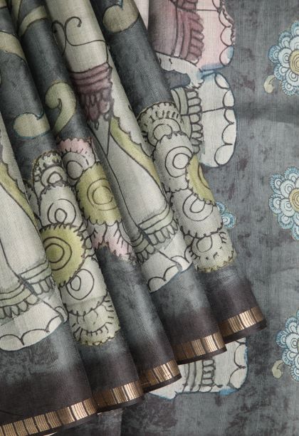 Ebony Black Semi Tussar Silk with Gold Zari Floral Patterns