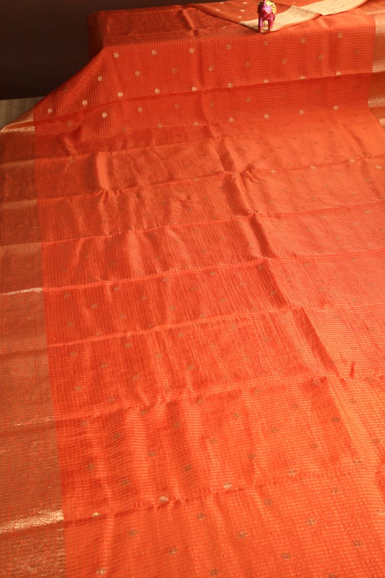 Carrot Orange Banaras Sarees with Gold Zari Checks And Puttas view 2