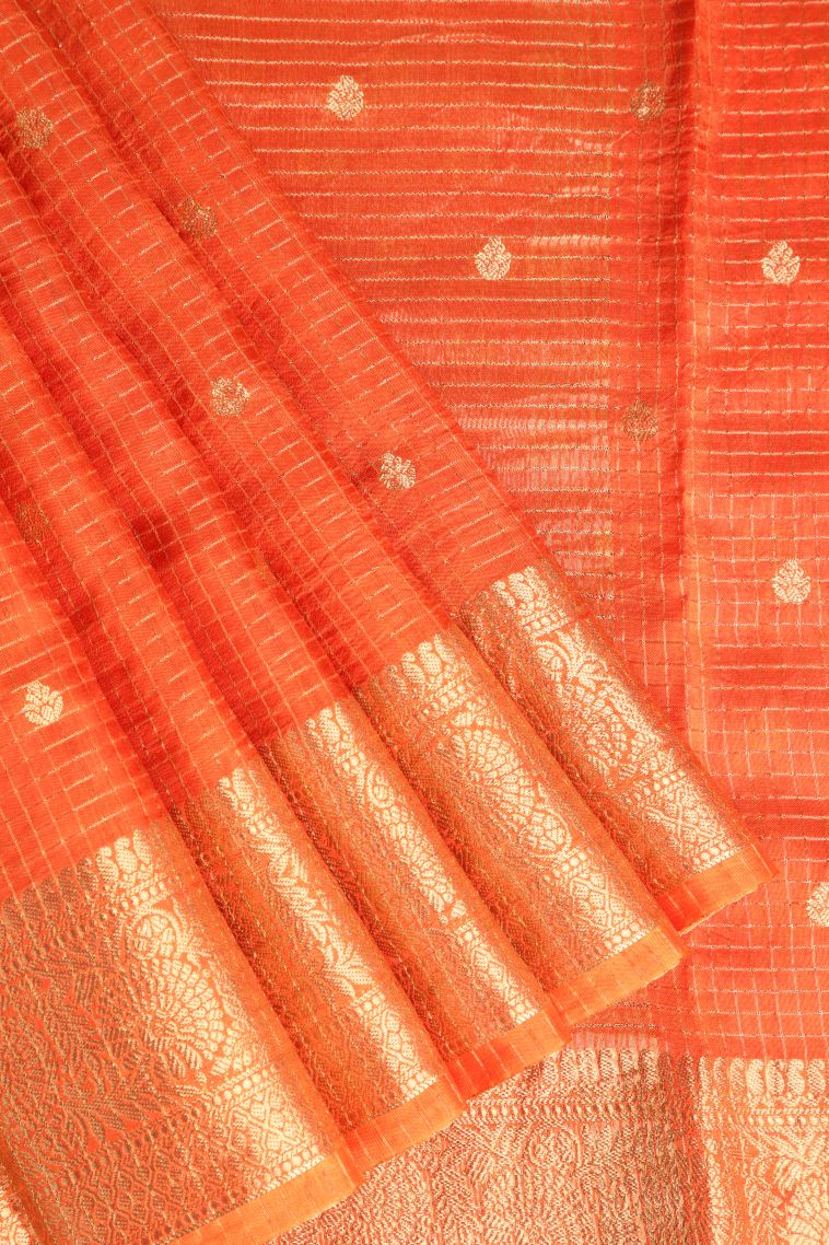 Carrot Orange Banaras Sarees with Gold Zari Checks And Puttas view 1