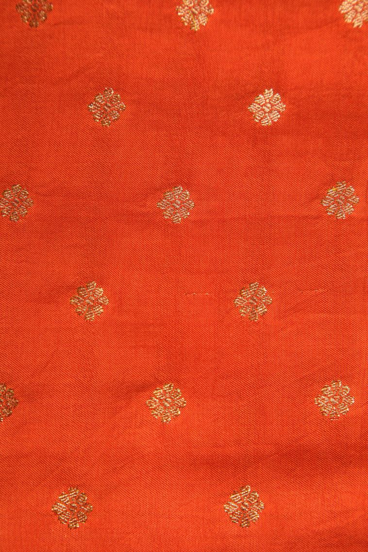 Carrot Orange Banaras Sarees with Gold Zari Checks And Puttas view 3