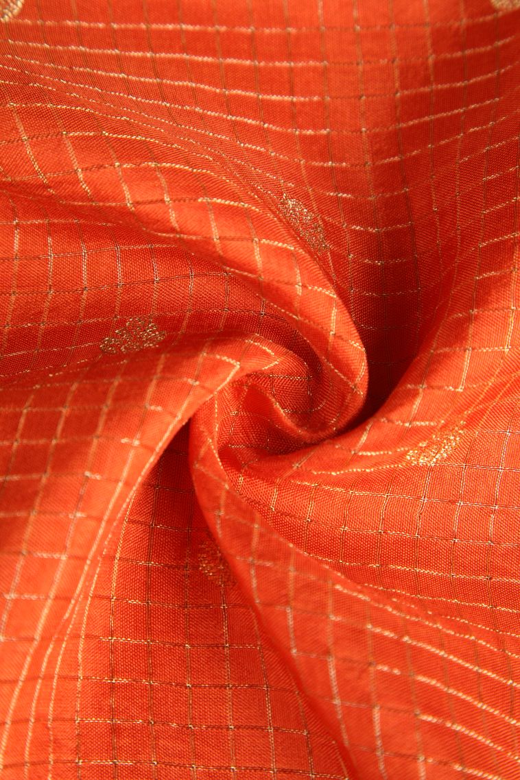 Carrot Orange Banaras Sarees with Gold Zari Checks And Puttas view 4