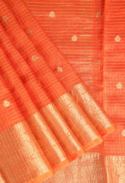 Carrot Orange Banaras Sarees with Gold Zari Checks And Puttas