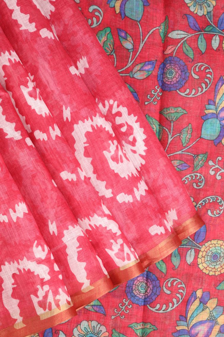 Strawberry Pink Linen Saree with Without Zari Zari Pathik Motifs view 1