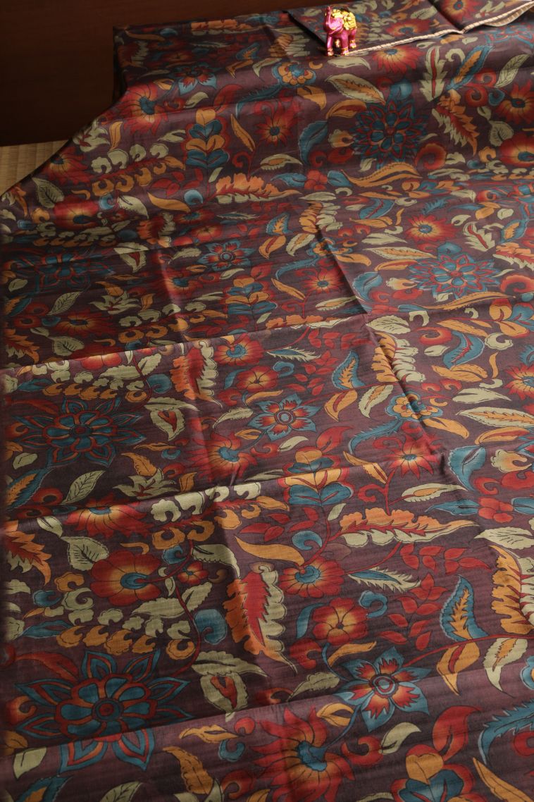 Cinnamon Brown Semi Tussar Silk with Gold Zari Floral Patterns view 2