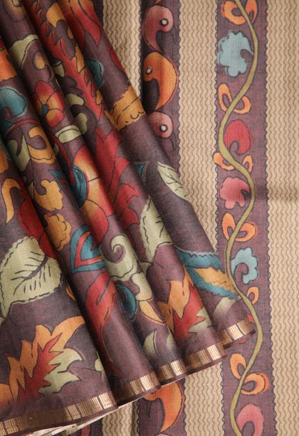 Cinnamon Brown Semi Tussar Silk with Gold Zari Floral Patterns