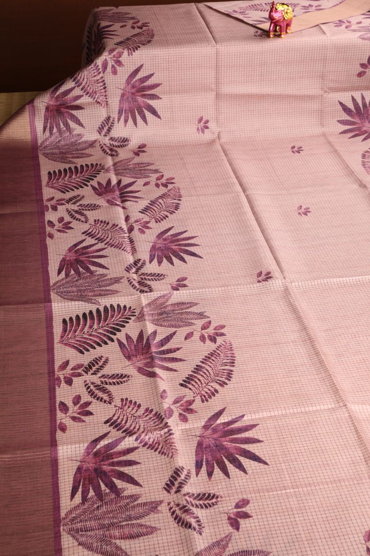 Salmon Pink Semi Tussar Silk with Gold Zari Leaf Pattern view 2
