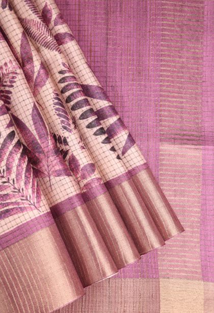 Salmon Pink Semi Tussar Silk with Gold Zari Leaf Pattern