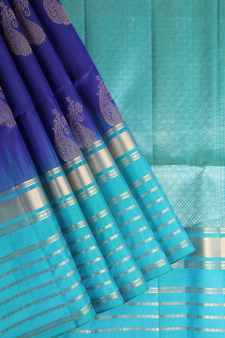 Lapis Blue Soft Silk Saree with Gold Zari Manga view 1