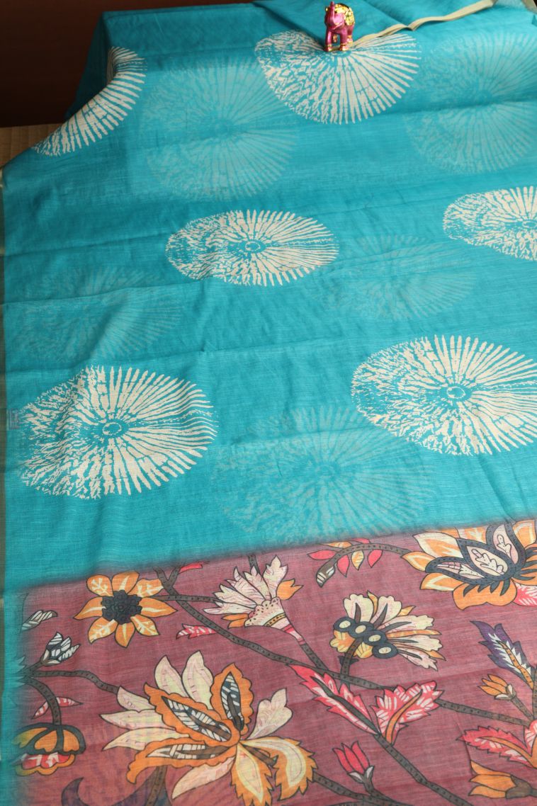 Sky Blue Linen Saree with Without Zari Zari Circle Mottif view 2