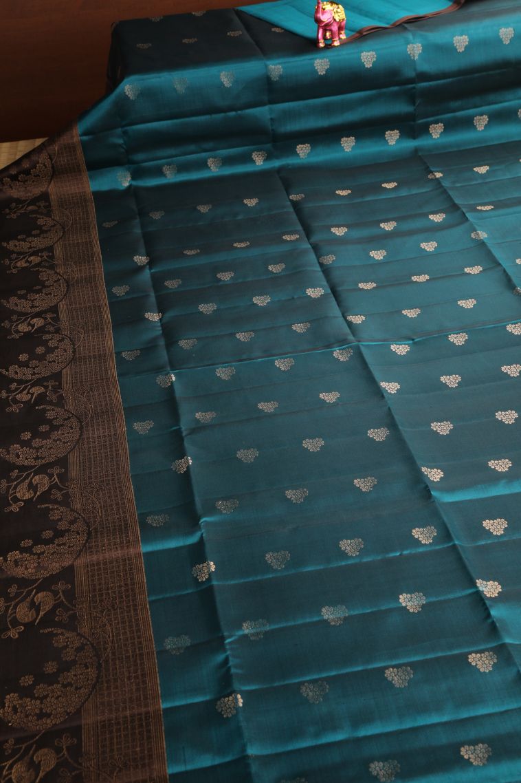 Ocean Blue Soft Silk Saree with Gold Zari Floral Puttas view 2