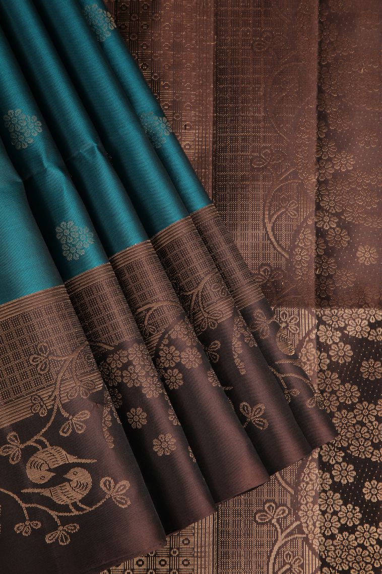 Ocean Blue Soft Silk Saree with Gold Zari Floral Puttas view 1