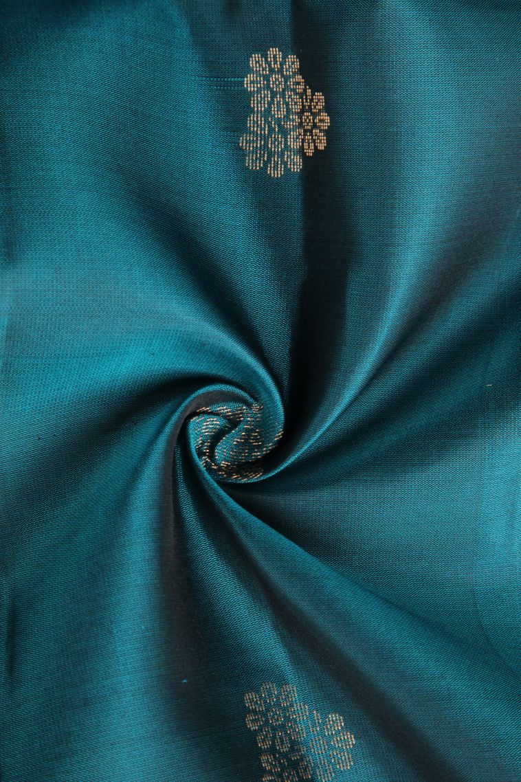 Ocean Blue Soft Silk Saree with Gold Zari Floral Puttas view 4