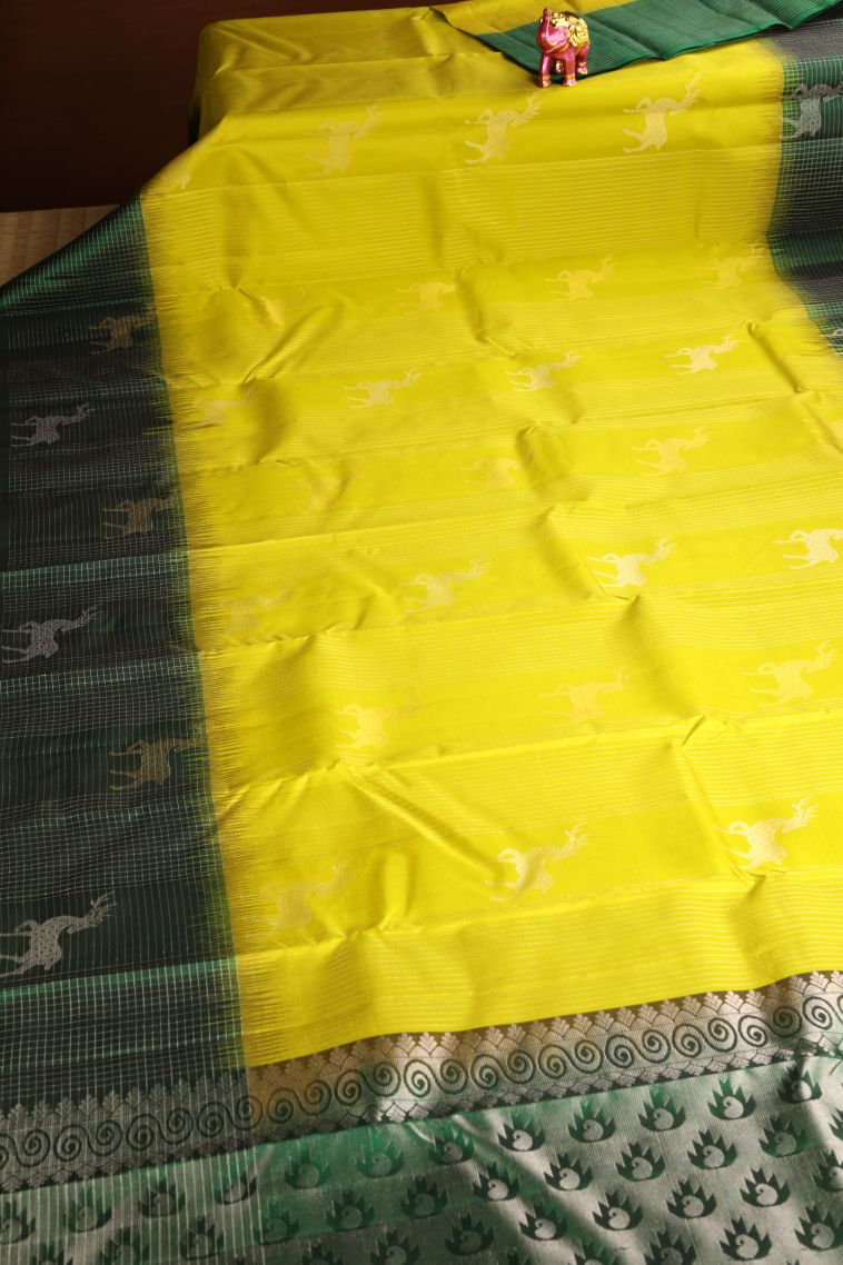 Lemon Yellow Soft Silk Saree with Gold And Silver Zari Animal  Mottif view 2