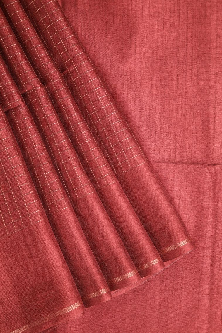 Apple Red Jute Sarees with Gold Zari Checks view 1