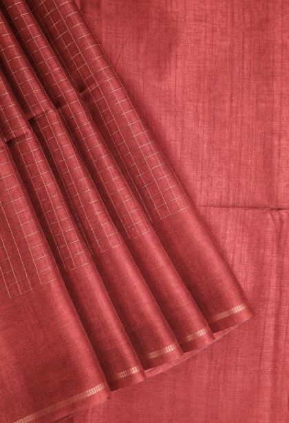Apple Red Jute Sarees with Gold Zari Checks