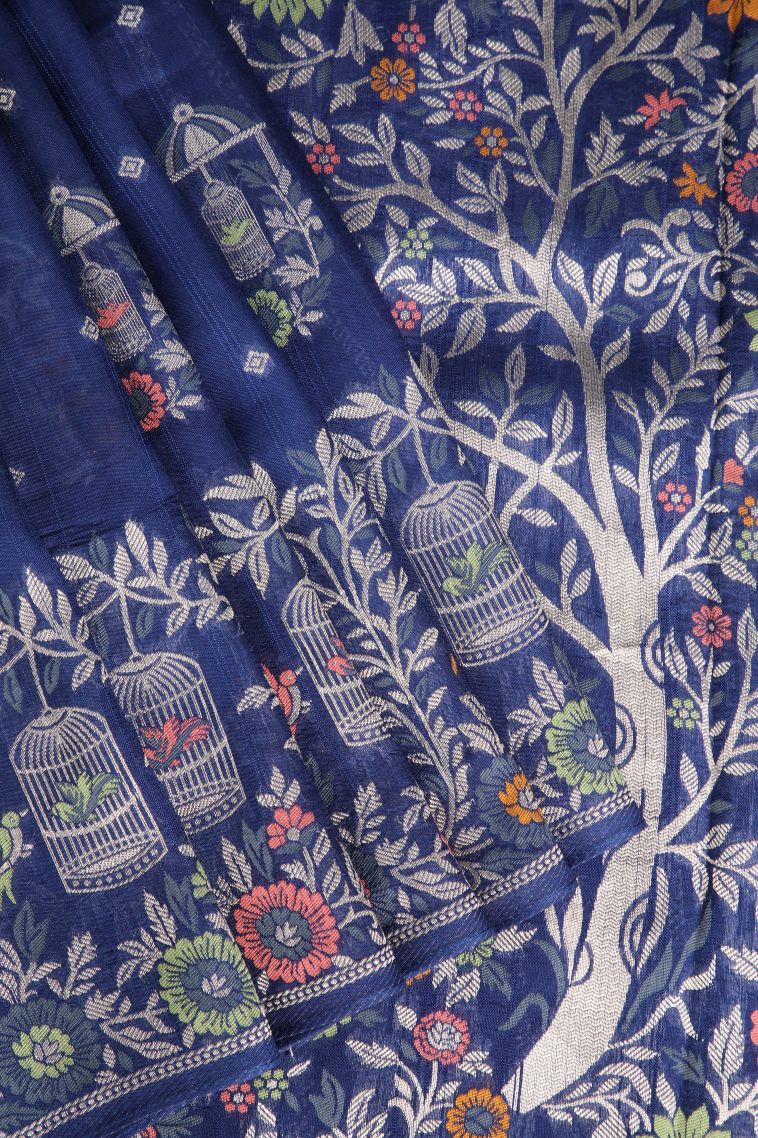 Lapis Blue Banaras Sarees with Without Zari Zari Birds And Floral Pattern view 1
