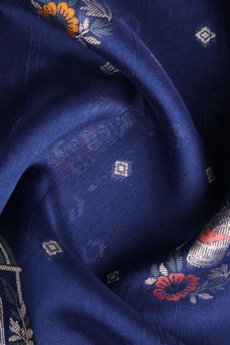 Lapis Blue Banaras Sarees with Without Zari Zari Birds And Floral Pattern view 4