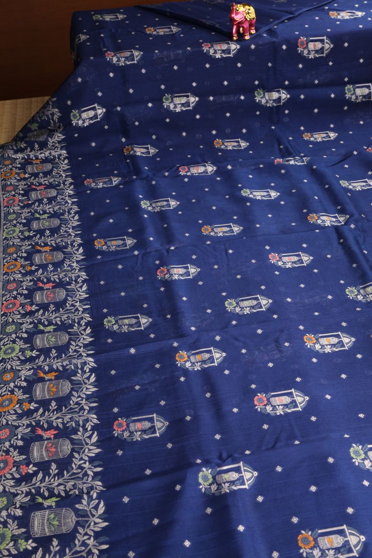 Lapis Blue Banaras Sarees with Without Zari Zari Birds And Floral Pattern view 2