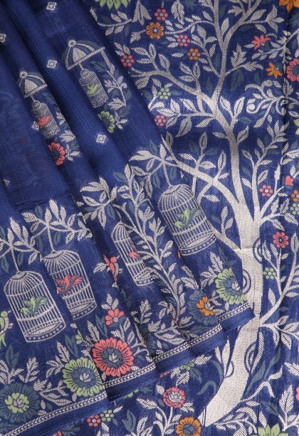 Lapis Blue Banaras Sarees with Without Zari Zari Birds And Floral Pattern