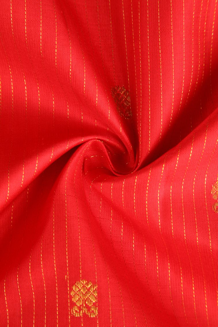 Dawn Red Kanchipuram Silk Sarees with Gold Zari Straipes And Puttas view 4