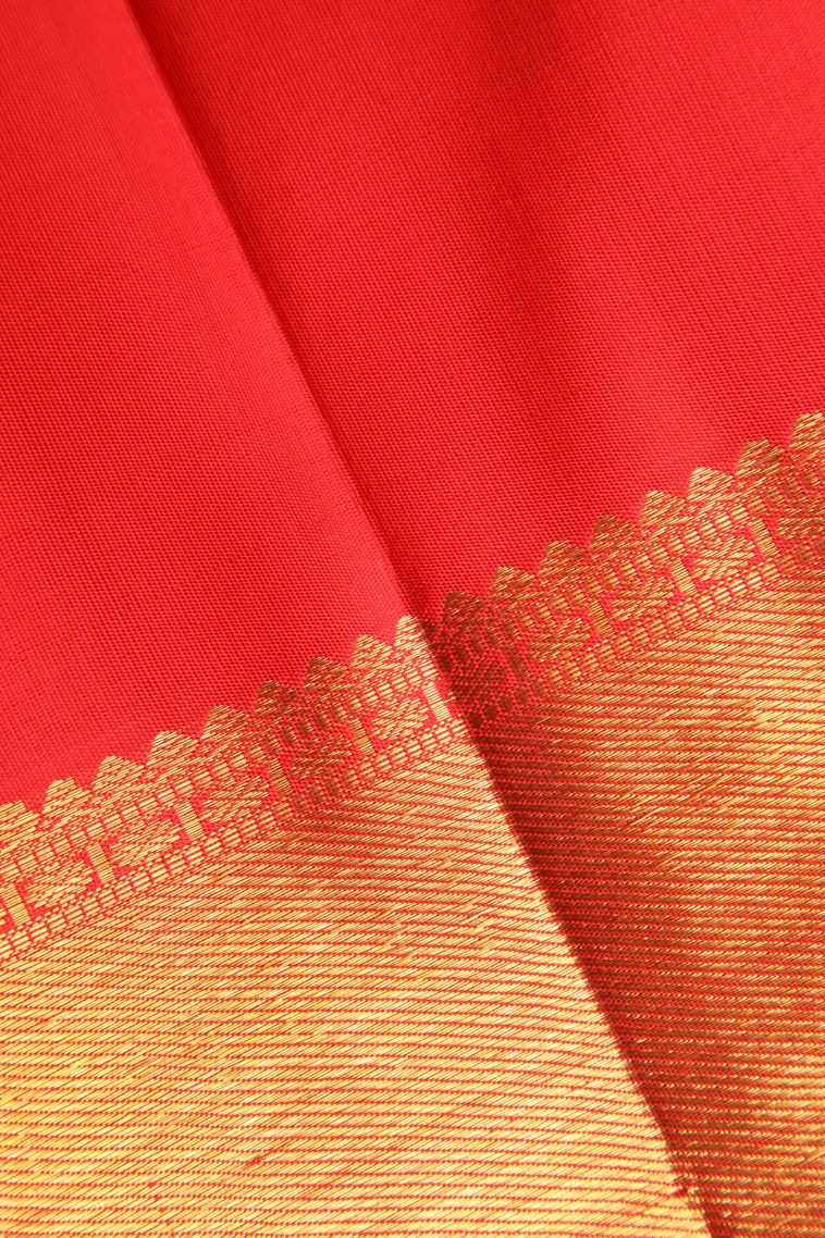 Dawn Red Kanchipuram Silk Sarees with Gold Zari Straipes And Puttas view 3