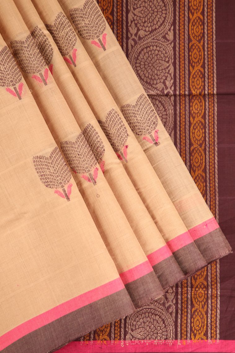 Sepia Yellow Pure Handloom Kovai Cotton with Without Zari Zari Floral Puttas view 1