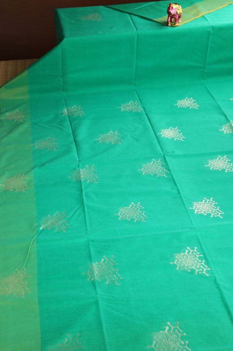 Seafoam Green Silk Cotton Sarees with Silver Zari Geometric Shapes view 2