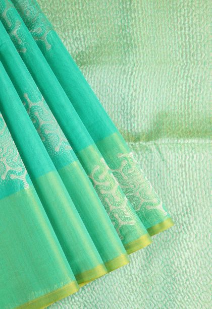 Seafoam Green Silk Cotton Sarees with Silver Zari Geometric Shapes