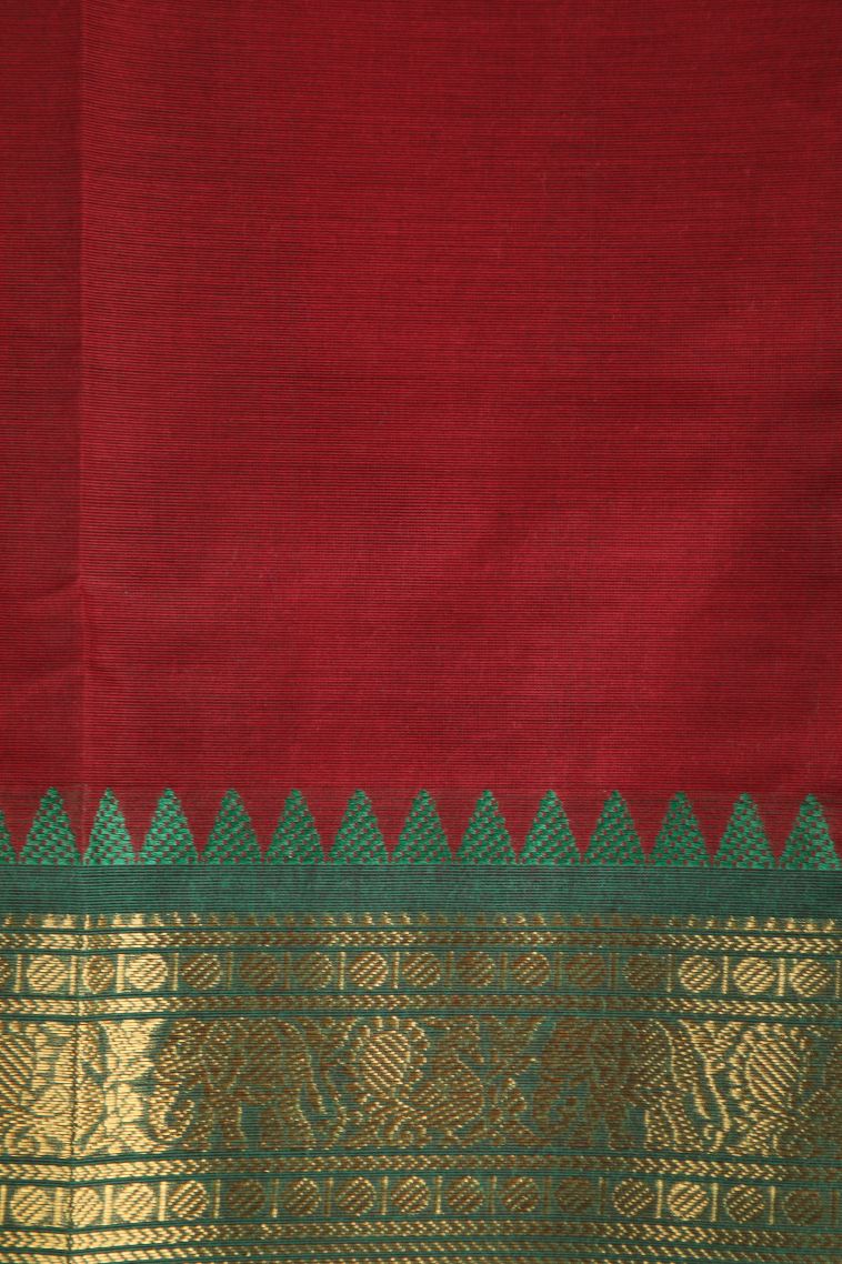 Crimson Red Chettinad Cotton Sarees with Gold Zari Plain With Border view 3