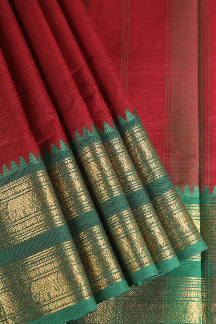 Crimson Red Chettinad Cotton Sarees with Gold Zari Plain With Border view 1