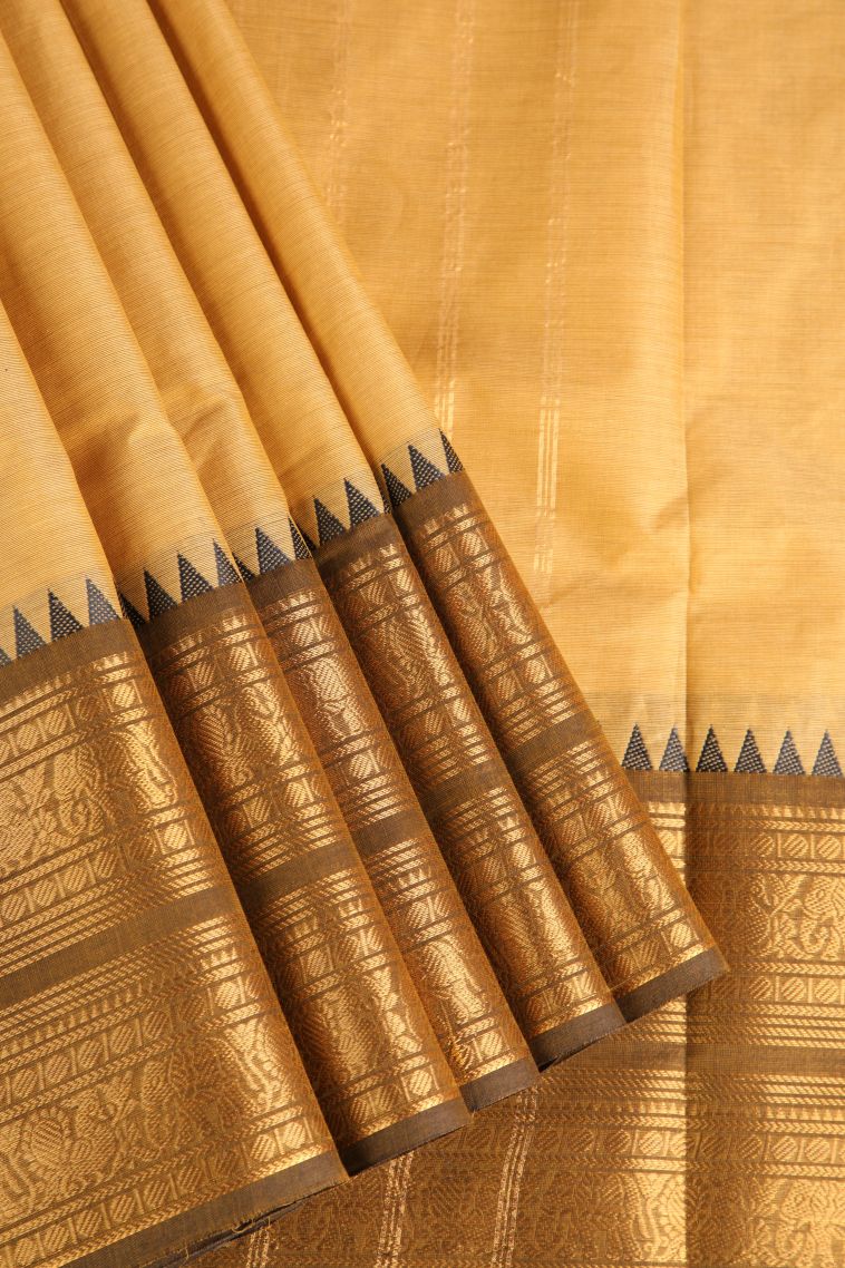 Shortbread Yellow Chettinad Cotton Sarees with Gold Zari Plain With Border view 1