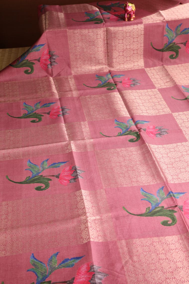 Crepe Pink Tussar Saree with Antic Zari Floral Puttas view 2