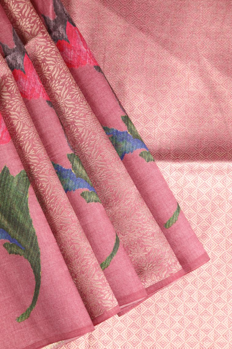 Crepe Pink Tussar Saree with Antic Zari Floral Puttas view 1