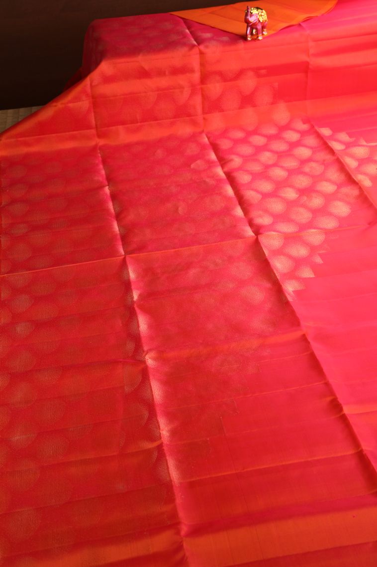 Strawberry Pink Soft Silk Saree with Gold Zari Circle Mottif view 2