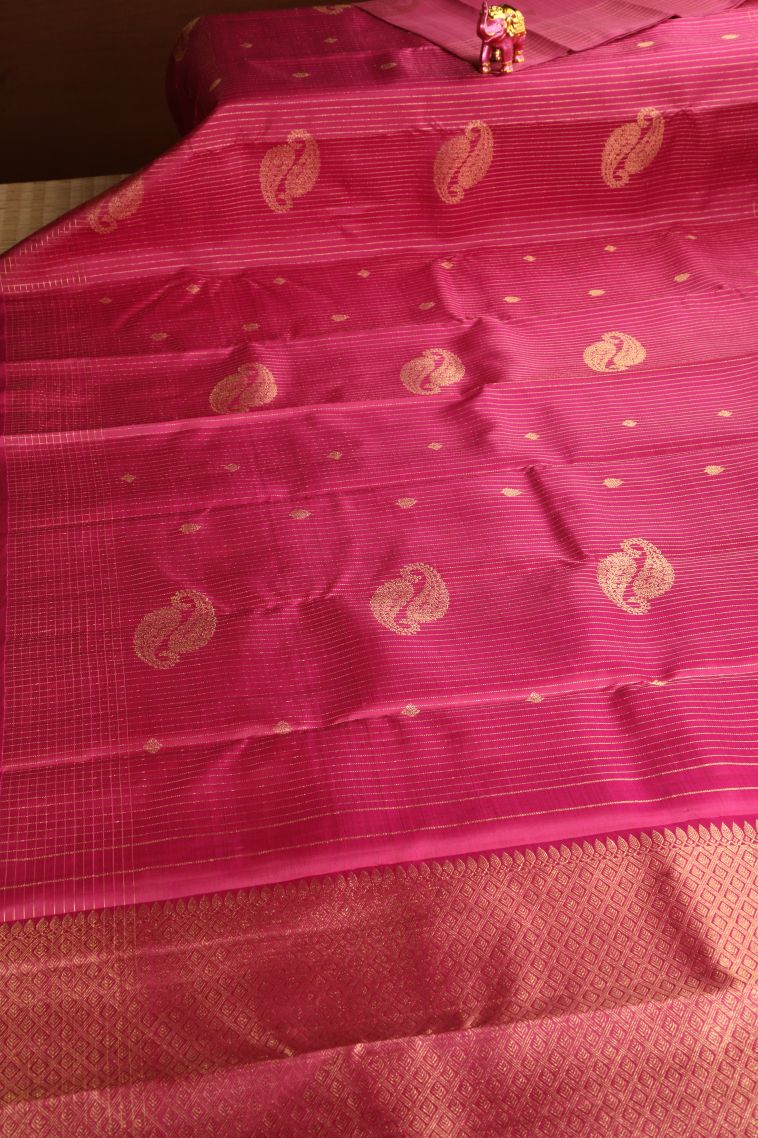 Punch Pink Kanchipuram Silk Sarees with Gold Zari Straipes And Puttas view 2