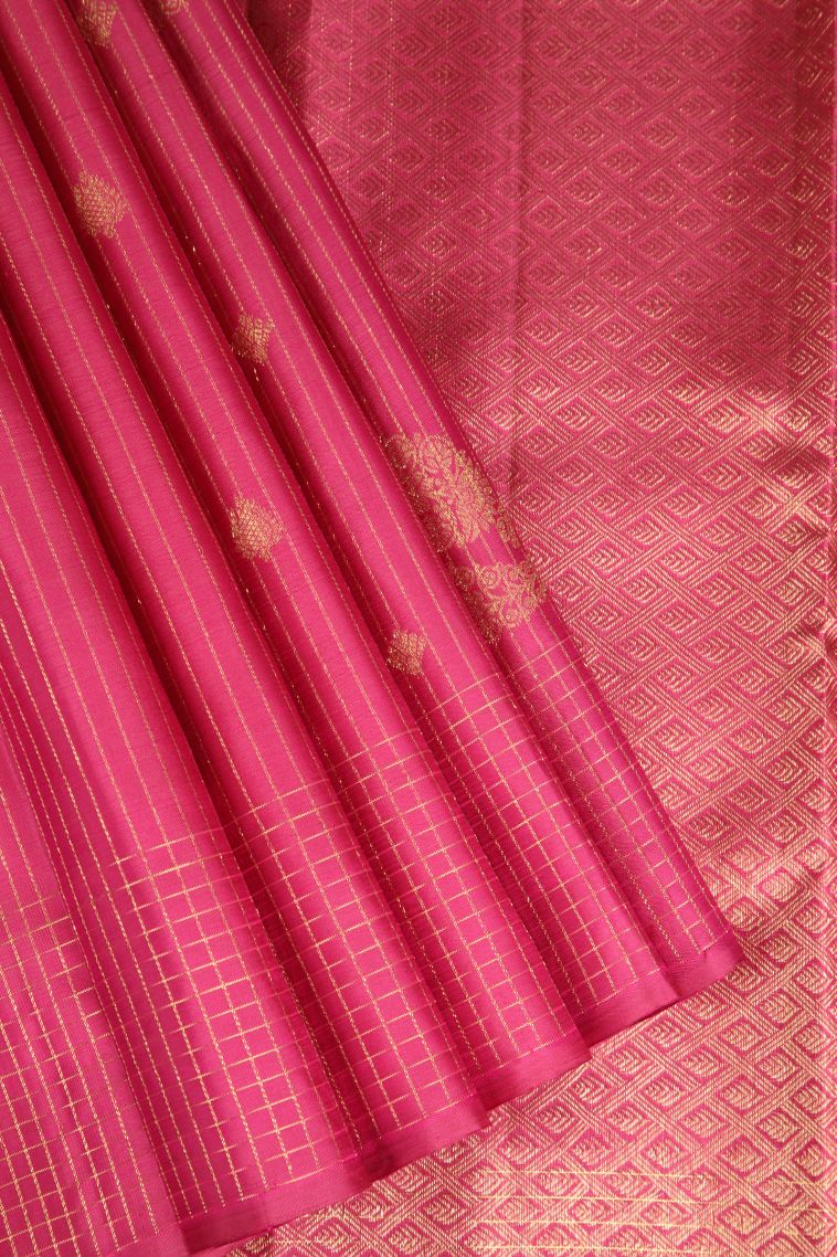 Punch Pink Kanchipuram Silk Sarees with Gold Zari Straipes And Puttas view 1