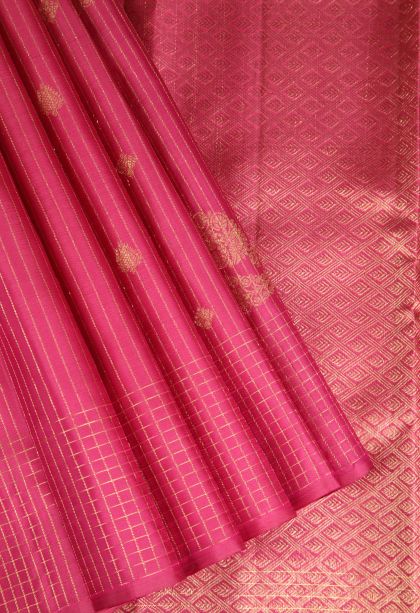 Punch Pink Kanchipuram Silk Sarees with Gold Zari Straipes And Puttas