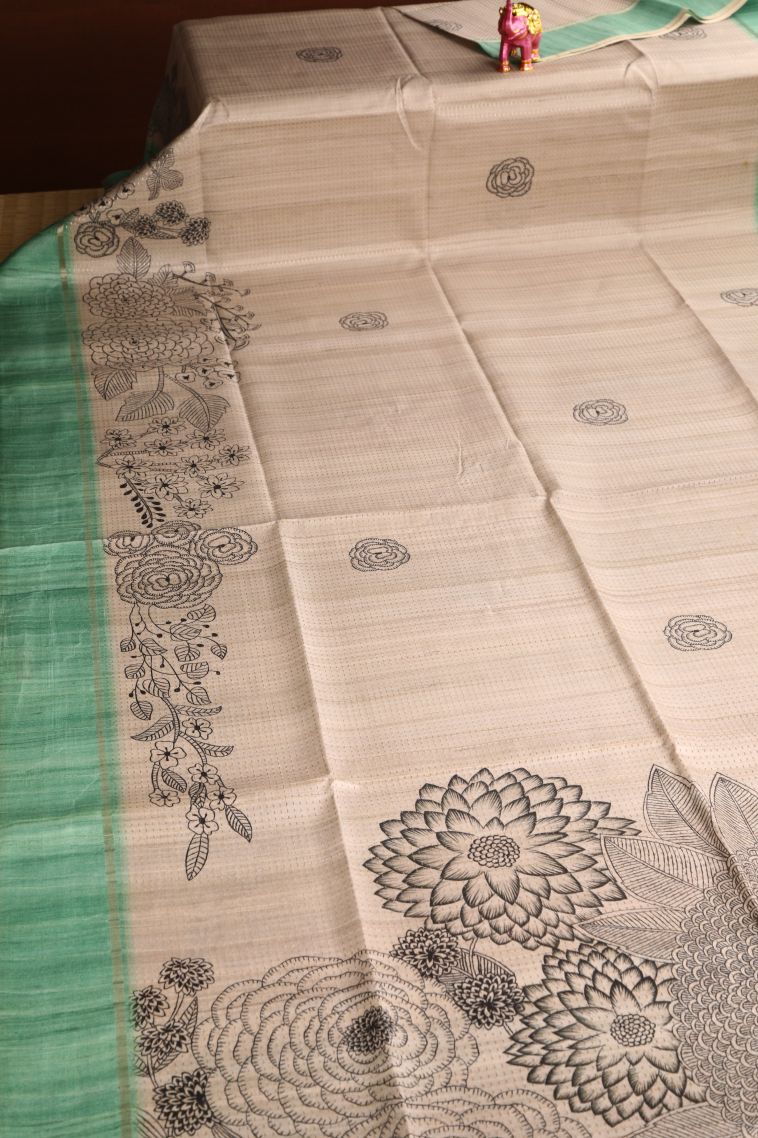 Vanilla Custard Yellow Semi Tussar Silk with Gold Zari Floral Patterns view 2
