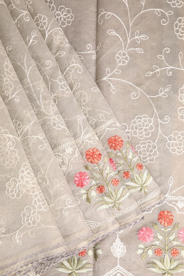 Gray Black Manipuri Cotton Sarees with Without Zari Zari Floral Patterns view 1