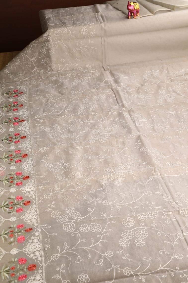 Gray Black Manipuri Cotton Sarees with Without Zari Zari Floral Patterns view 2